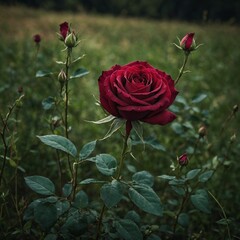 A stunning deep red rose in the middle of a vibrant green meadow.