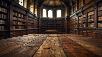 Empty wood table top in an ancient library.
