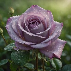 A soft lavender rose glowing in a dewy, fresh green landscape.