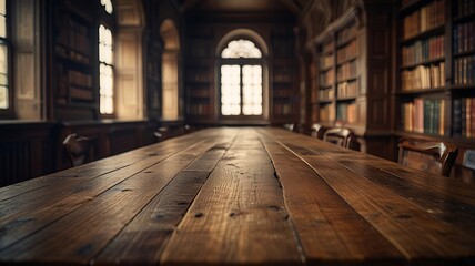 Empty wood table top in an ancient library.