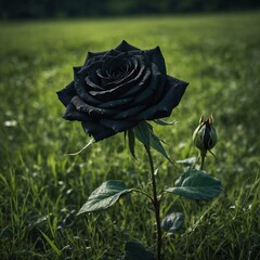 A black rose standing alone in a field of bright green grass.