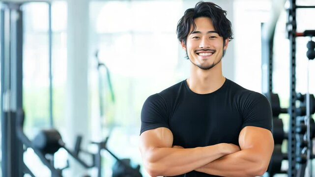 日本人 男性 アジア人 ムキムキ 筋肉 パーソナル トレーナー スマイル ジム バストショット 黒 灰色 白 背景