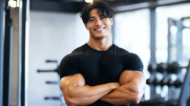 日本人 男性 アジア人 ムキムキ 筋肉 パーソナル トレーナー スマイル ジム バストショット 黒 灰色 白 背景