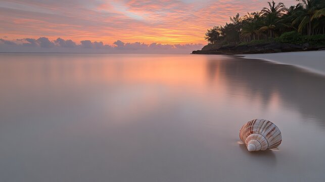 Seashell on Sandy Beach at Sunrise with Calm Ocean Reflection