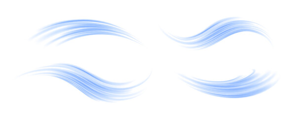 Blue wind line element set. Light curve speed effect collection. Air stream flow wavy motion trace. Blowing wind wave concept. Swoosh and swirl stripe path design illustration. Vector swash bundle