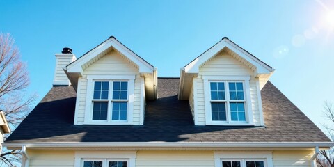 Obraz premium A sunny day view of a house with a pale yellow facade, a dark gray asphalt shingle roof, and two dormers featuring white framed windows.