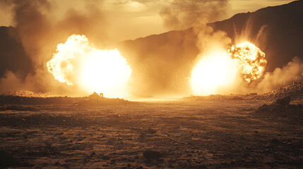 battlefield scene with twin explosions lighting up the dust-covered ground 