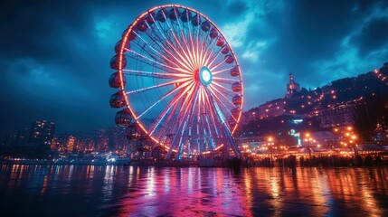 Illuminated Ferris wheel at night, city backdrop