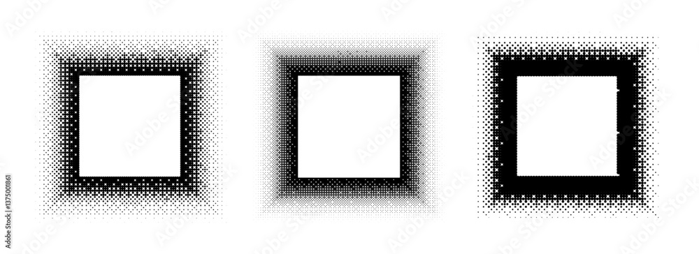 Poster black halftone square frame set. dotted 8 bit gradient border collection. pop art comic picture hold