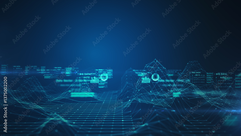 Poster abstract digital landscape with data visualization, data analytics and technology network. technolog