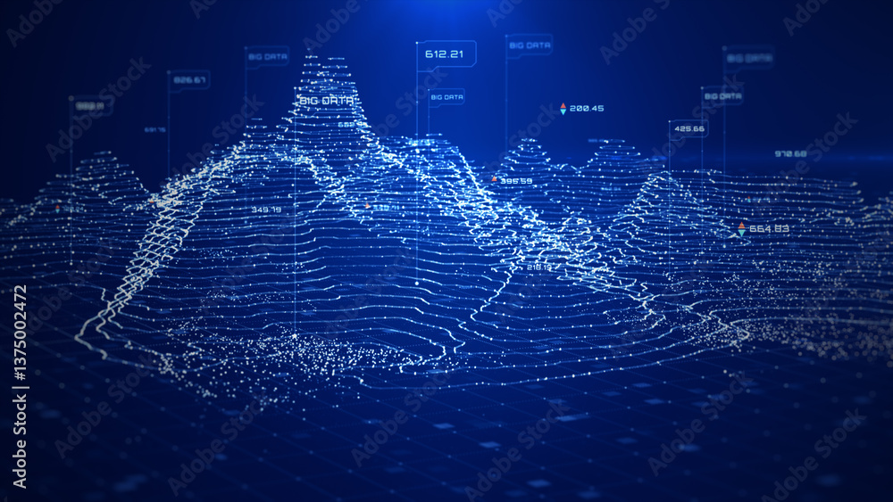 Fototapete Digital topographic map with glowing data points and futuristic data analytics. Technology big data and geospatial concepts. Future abstract background 3d Rendering