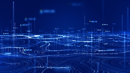 Abstract 3D digital topographic map with glowing data points and futuristic data analytics. Technology big data and geospatial concepts. Background 3D Rendering
