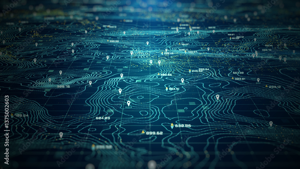 Poster High-tech digital topographic map with glowing data points, GPS markers, and geospatial analytics. Technology big data and geospatial concepts. Future abstract background 3d Rendering
