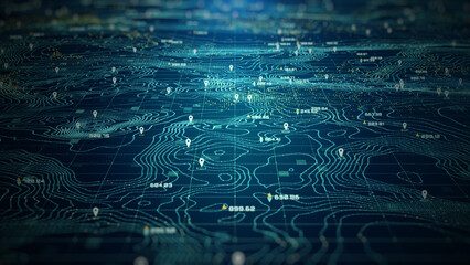High-tech digital topographic map with glowing data points, GPS markers, and geospatial analytics. Technology big data and geospatial concepts. Future abstract background 3d Rendering