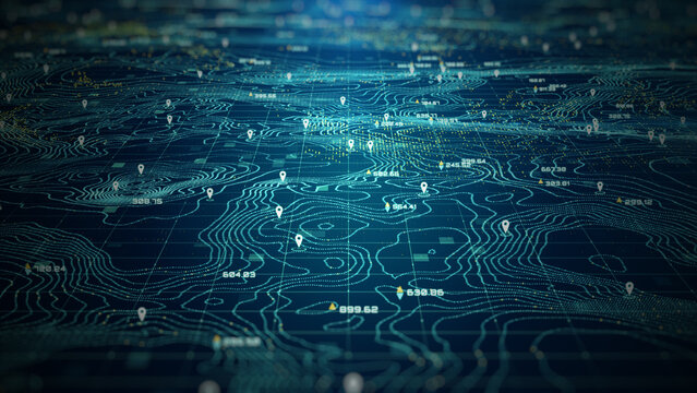 High-tech digital topographic map with glowing data points, GPS markers, and geospatial analytics. Technology big data and geospatial concepts. Future abstract background 3d Rendering