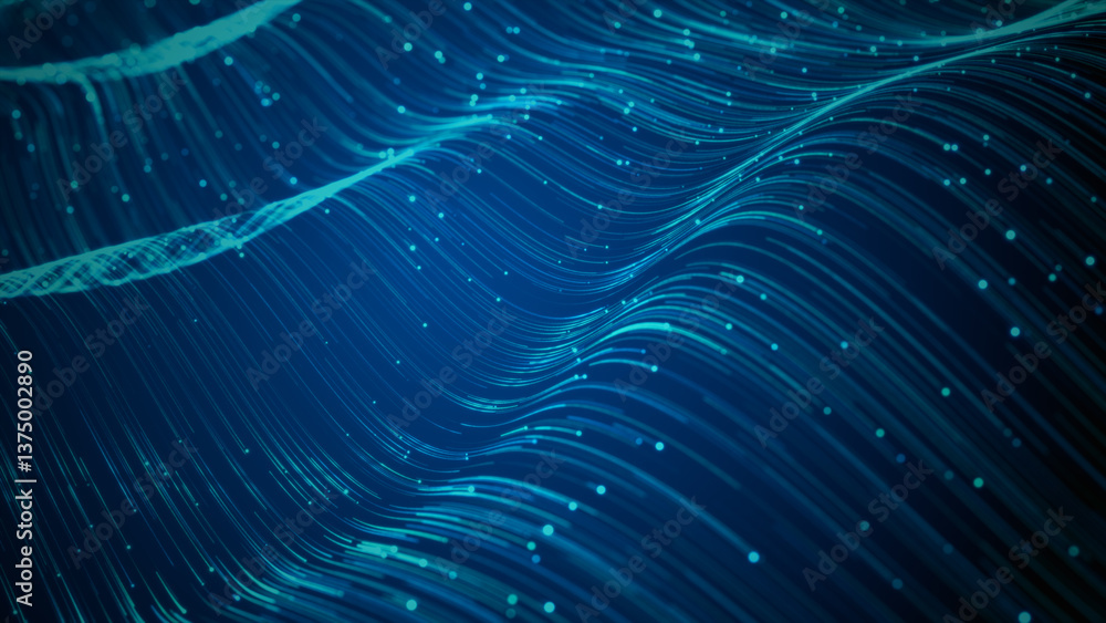 Poster featuring flowing digital waves, data streams, and glowing particles, representing ai, big data, and