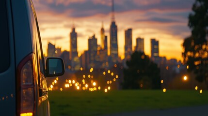 Fototapeta premium Serene Traveler Leaning Out of Vehicle to Admire City Skyline During Vibrant Sunset