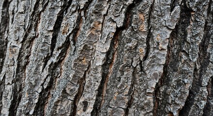 Obraz premium Old tree bark texture close up background, Close-up of tree bark texture, rough, furrowed, vertical lines,&nbsp;brown, grey, and black tones,&nbsp;natural light, 