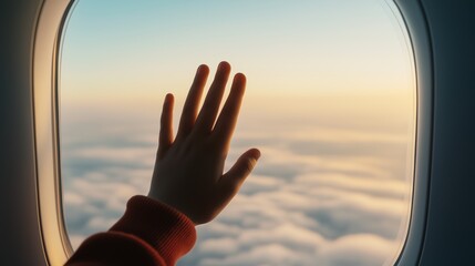Close-Up Shot of a Child's Hand Pressing Against an Airplane Window with Clouds in the Background