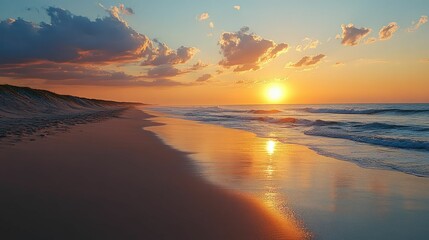Golden sunset paints ocean beach scene