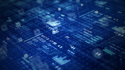 Abstract futuristic digital grid with data visualization, analytics, and blockchain elements, representing big data, artificial intelligence, Technology abstract background 3d Rendering