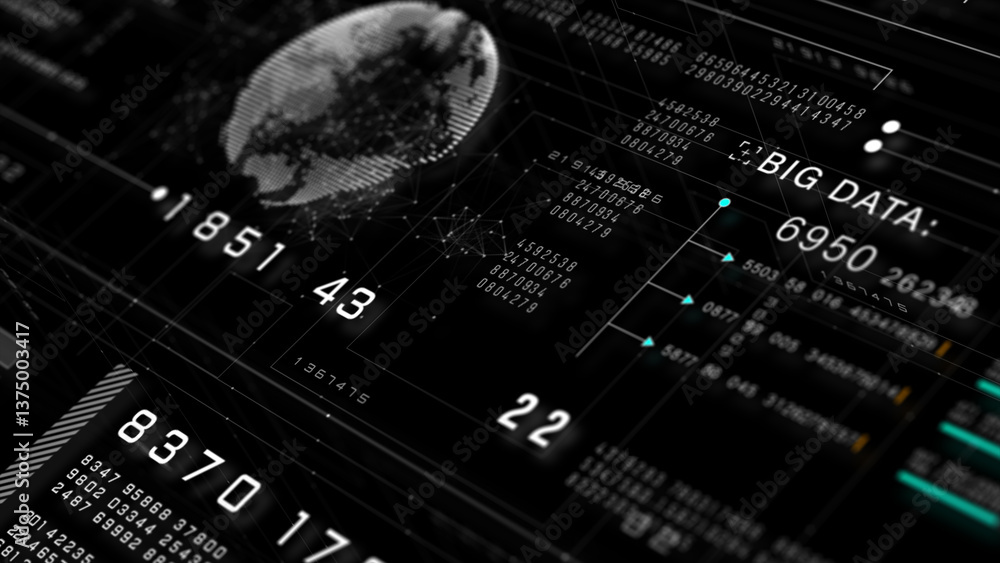 Aufkleber High-tech digital dashboard with big data analytics, futuristic information display, and global network visualization in a black and white theme. Technology abstract background 3d Rendering