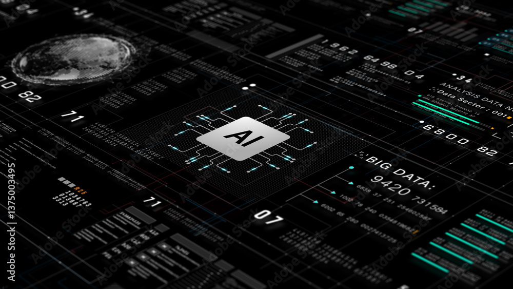 Aufkleber High-tech AI interface with digital circuit, data streams, and analytics visuals representing artificial intelligence and big data technology concepts. Abstract Background 3d Rendering