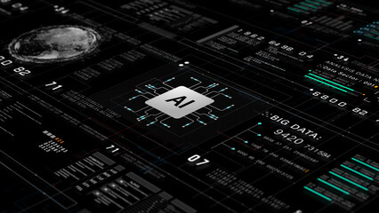 Obraz premium High-tech AI interface with digital circuit, data streams, and analytics visuals representing artificial intelligence and big data technology concepts. Abstract Background 3d Rendering