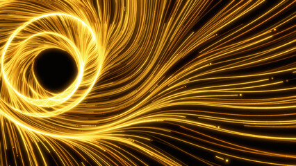 Vibrant golden line light swirls on a black backdrop, perfect for tech, energy, or futuristic design themes. Abstract background 3d Rendering