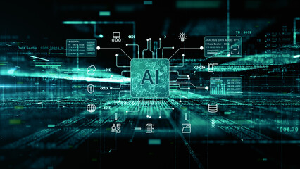 Futuristic AI interface with data analytics, Technology digital network connection, Artificial intelligence, deep learning, and big data technology. Abstract Background 3d Rendering