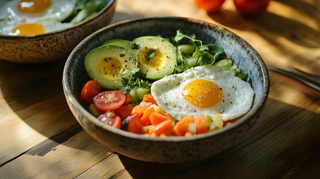 49. A wholesome family breakfast with eggs, avocado, and vegetables shared by mother and daughter in the kitchen