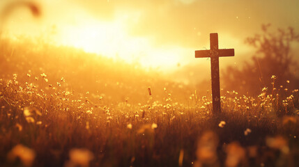Fototapeta premium A cross stands in a meadow bathed in golden autumn sunrise light, symbolizing peace and renewal.