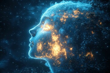 Fiery face emerges from smoke cosmic night