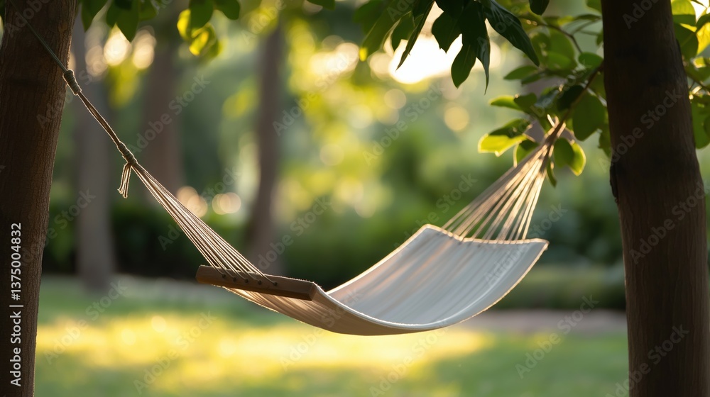 Poster hammock hanging between two trees in a park. the hammock is made of white fabric and is suspended be