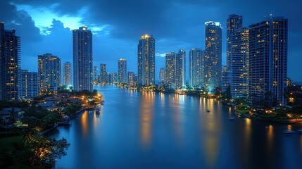 Fototapeta premium Night cityscape, illuminated skyscrapers, tranquil waterway.
