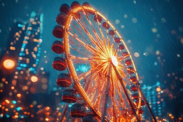 Illuminated Ferris wheel gleams, rain streaks city lights.