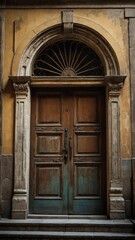 Fototapeta premium Gracefully weathered arched doorway beckoning with character and charm in a historic building surrounded by architecture