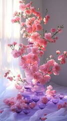 Fototapeta premium Pink blossoms in purple glass vase, sunlit scene.
