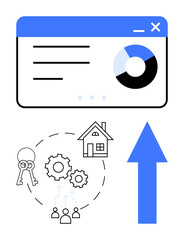 Dashboard with circular chart, house, keys, gears, group icons, and upward arrow symbolizing property analytics, market growth, planning. Ideal for real estate strategy analytics business