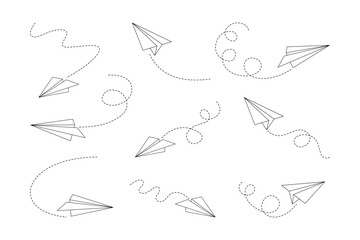 Origami airplane with dotted line tail in different shape and direction. Aircraft paper set vector.