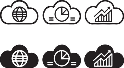 Cloud analysis vector icon. Variant styles web analytics icon in flat filled and outline stroke line art.