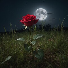 A single red rose in grass under soft moonlight.