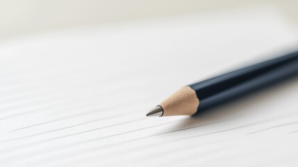 Close-up of a pencil resting on a piece of paper. the pencil is black and has a pointed tip. the paper appears to be lined with white paper, and the background is blurred.