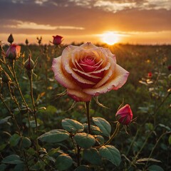 A beautiful rose glowing under the golden sunrise, surrounded by grass.