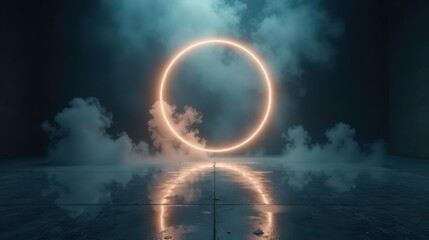 Ethereal Glow A Circular Light Installation in a Mysterious Fog-Filled Space