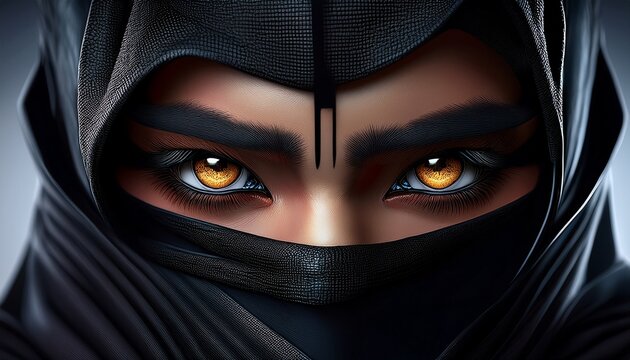 A Japanese ninja assassins wearing all black clothing; a close up view of the eyes of a ninja with the face is wrapped in black cloth; shadow warriors; ninja warrior; 
