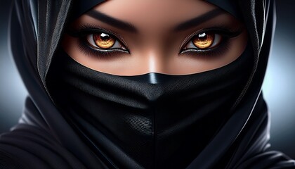 Naklejka premium A Japanese ninja assassins wearing all black clothing; a close up view of the eyes of a ninja with the face is wrapped in black cloth; shadow warriors; ninja warrior; 