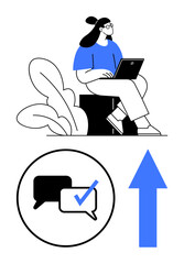 Woman sitting outdoors with laptop and validated message bubble, paired with an upward arrow. Ideal for communication, growth, teamwork, productivity, progress, motivation success. Flat simple