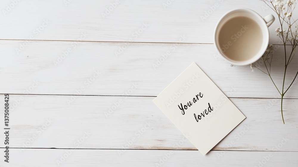 Poster flat lay of a white wooden background with a small white card on the right side. the card has the wo