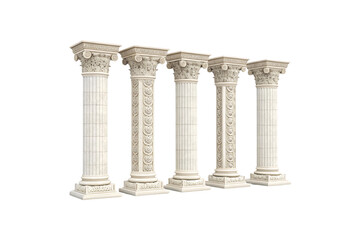 Obraz premium Five classical Corinthian columns, richly adorned with floral capitals and base carvings. Symbolizing strength and elegance, isolated on a transparent background